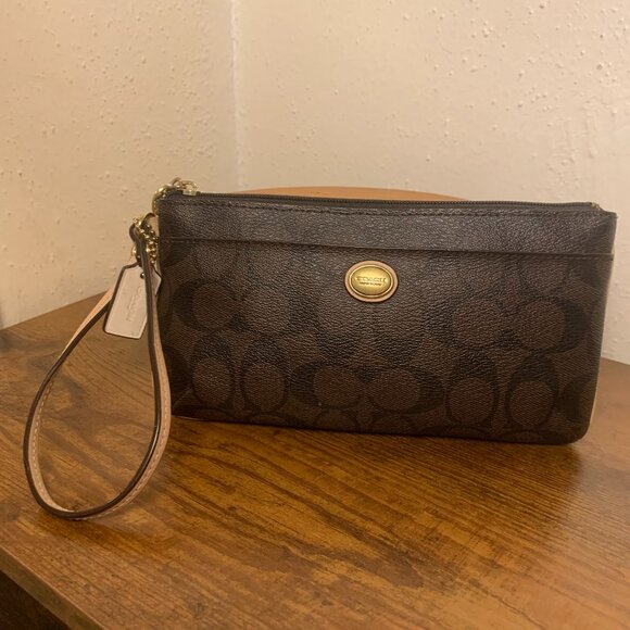 Coach Women's Signature PVC Corner Zip Large Wristlet SV/Brown Azalea F51258 - Picture 1 of 16